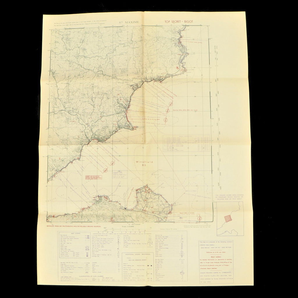 Original U.S. WWII Operation Dragoon Invasion Top Secret BIGOT Map of Sainte Maxime France - July 1944 Original Items