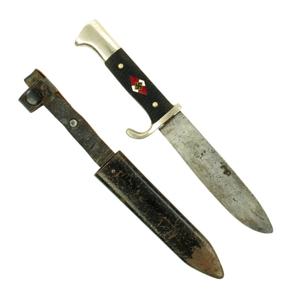 Original German WWII Early Motto-Marked Hitler Youth Knife by Tigerwerk Lauterjung & Co. with Scabbard Original Items
