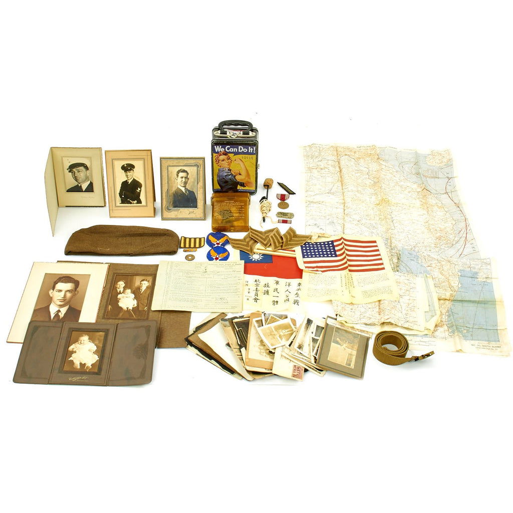 Original U.S. WWII USAAF Named Pacific Theater Blood Chit, Silk Map, Photo and Personal Memento Set Original Items