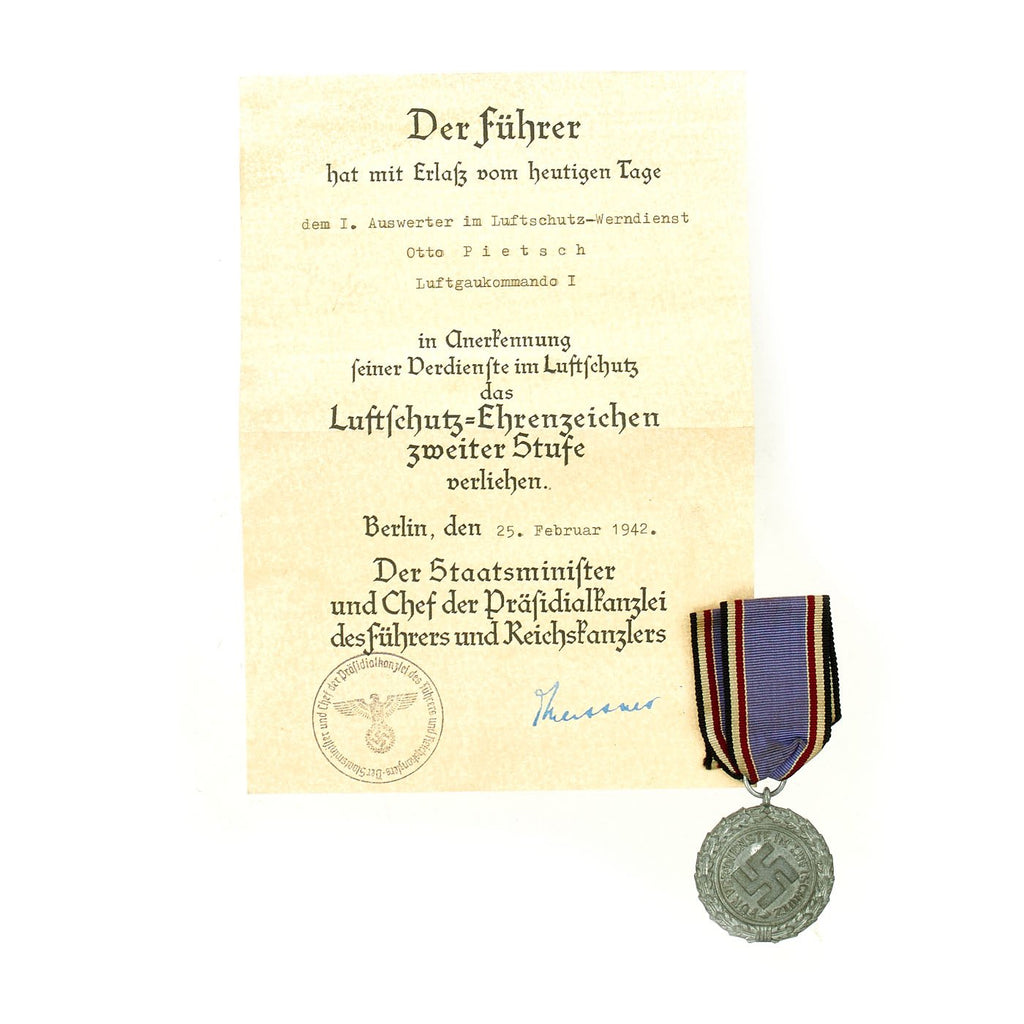 Original German WWII RLB Luftschutz Air Defense Medal 2nd Grade with Ribbon and Award Document Original Items