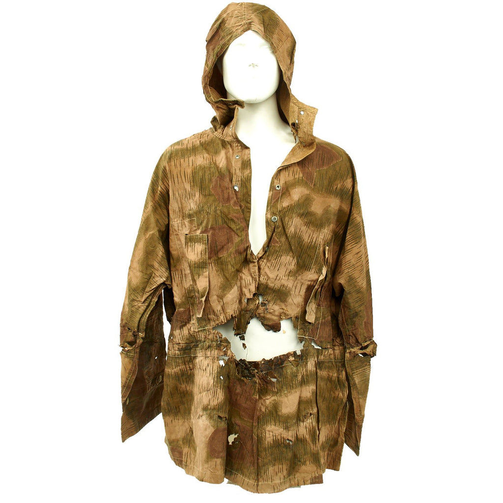 Original German WWII Late War Service Worn Linen Tan and Water Camouflage Sniper Smock with Hood Original Items