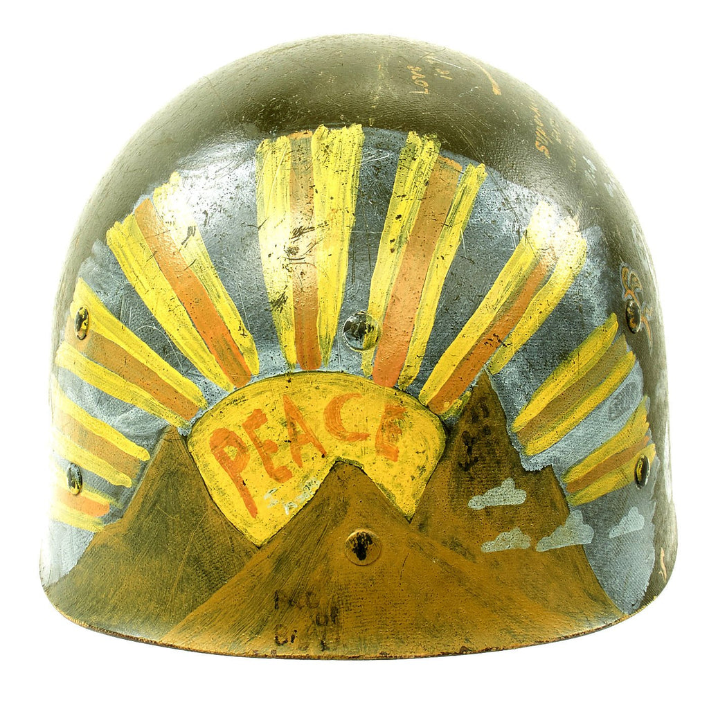 Original U.S. Vietnam War M1 Helmet Liner by Westinghouse Decorated with PEACE and Writing Original Items