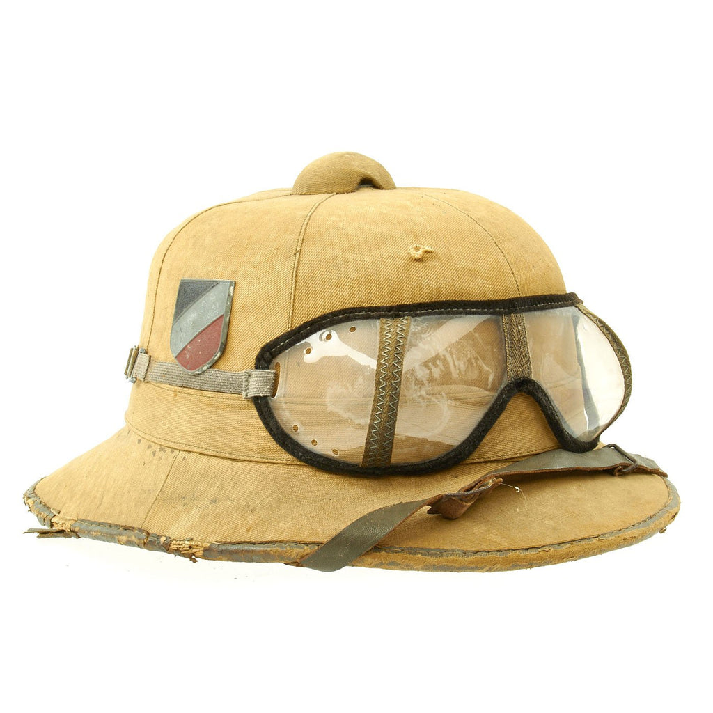 Original German WWII First Model DAK Afrikakorps Sun Helmet with Badges and Eye Shields - Size 57 Original Items