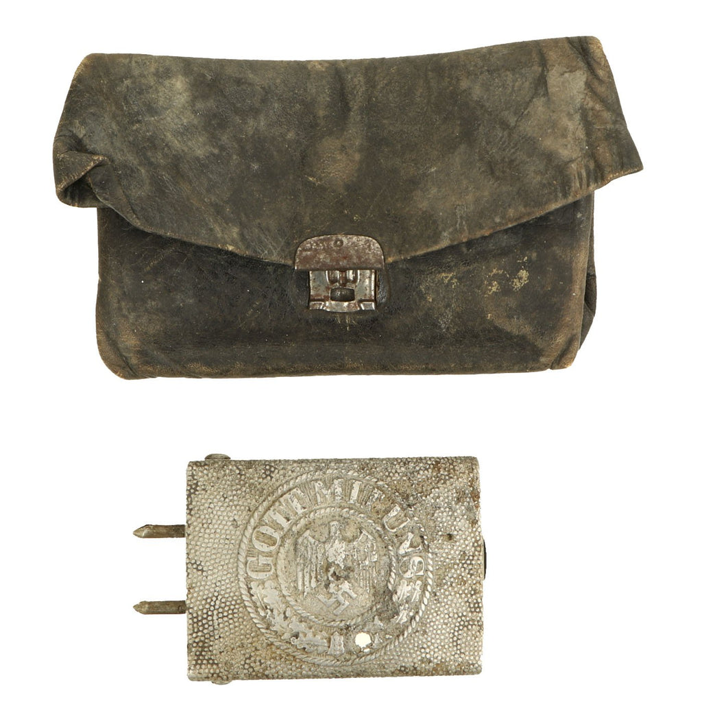 Original German WWII USGI Bring Back Grouping in Leather Wallet - EKII, KvK 2nd Class, Belt Buckle & Coins Original Items
