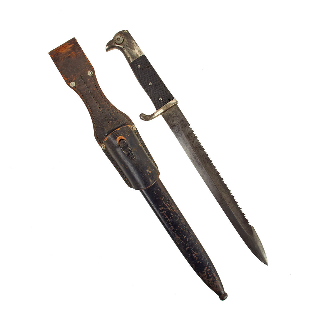 Original Imperial German WWI Kurzes Seitengewehr M1898 Sawback Dress Bayonet by Carl Eickhorn with WWII 1940 Dated Leather Frog and Scabbard Original Items