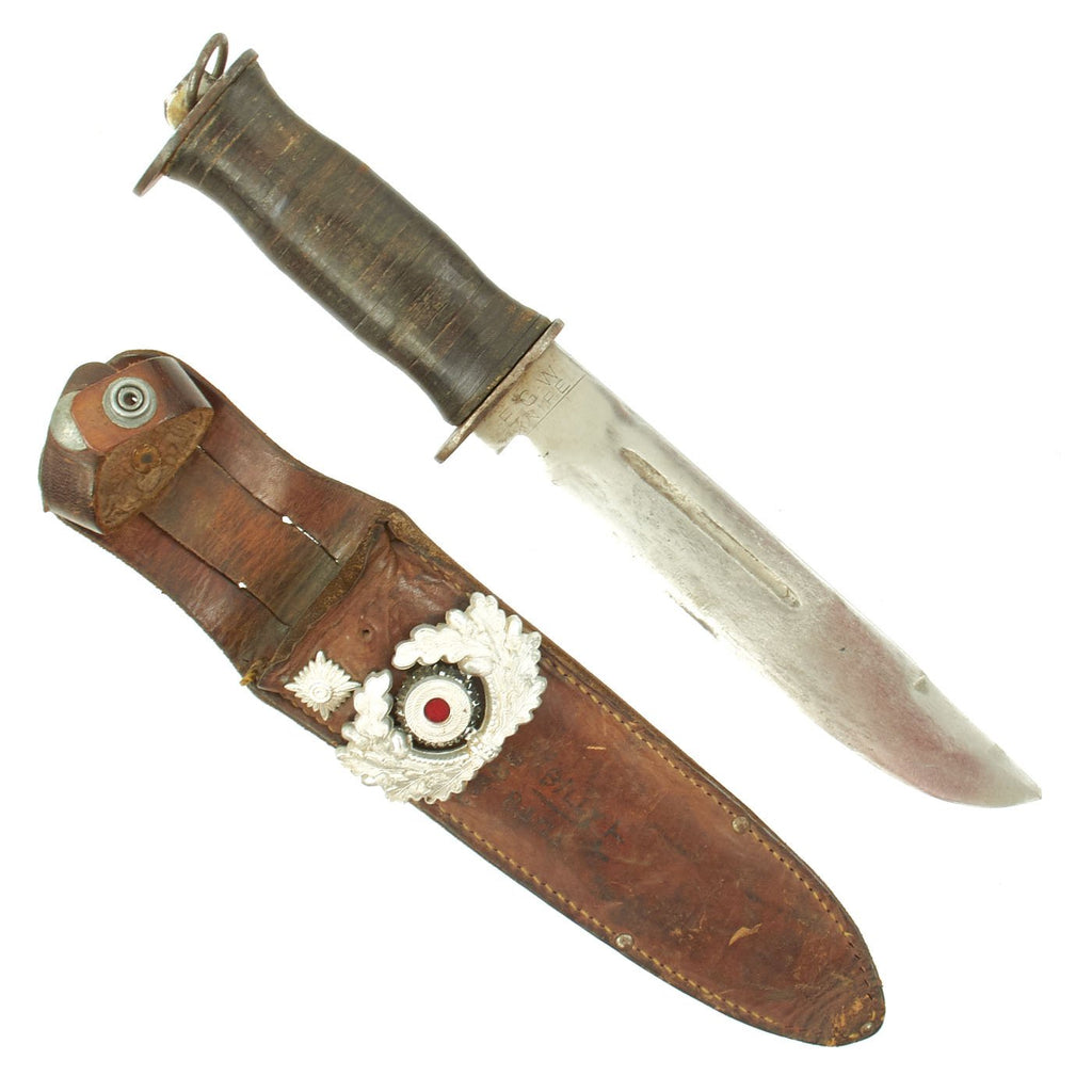 Original WWII Large EG Waterman E.G.W. Leather Grip Fighting Knife with Named Scabbard & Attached Souvenirs Original Items