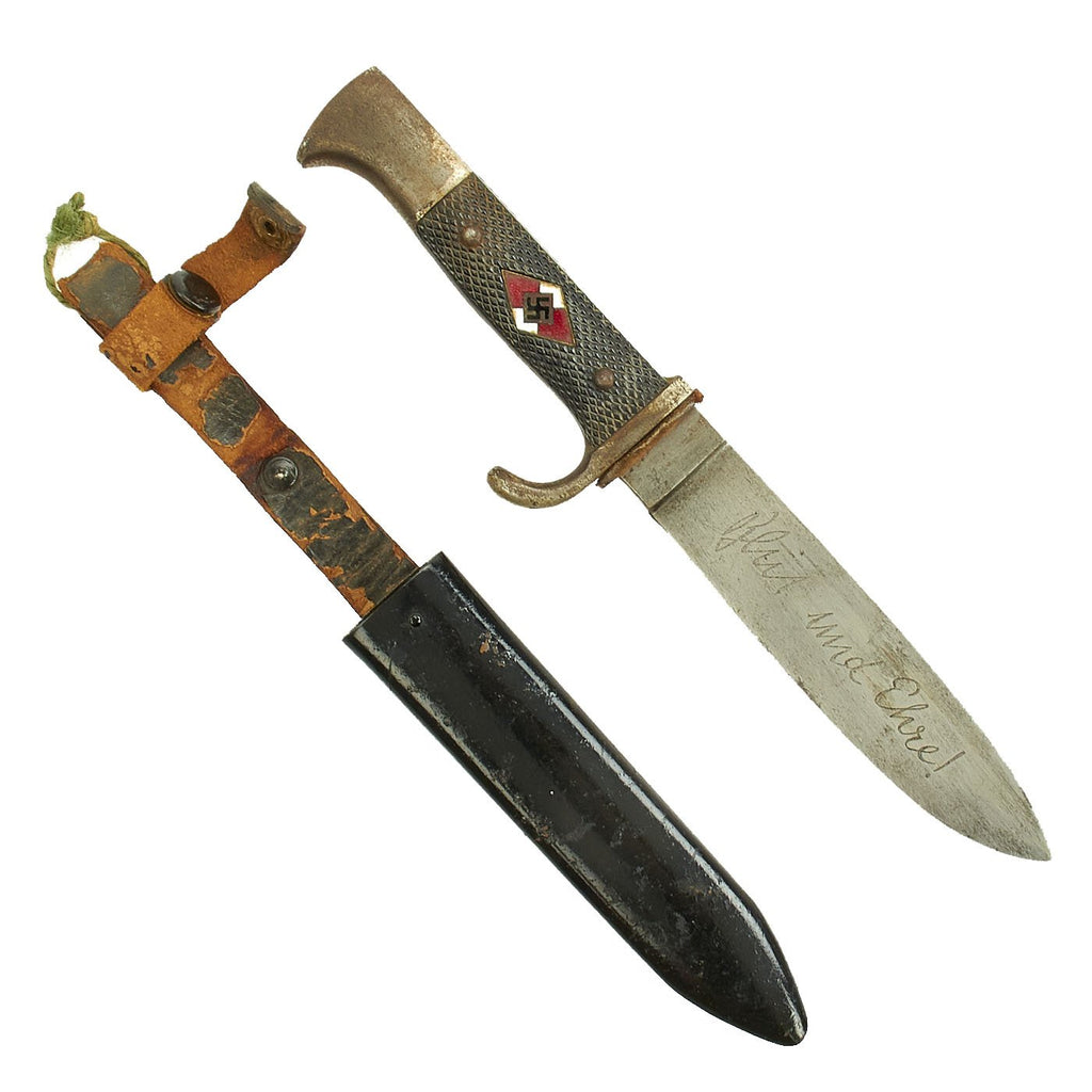 Original German WWII Hitler Youth Knife with Motto by Carl Heidelberg with Scabbard - RZM M7/65 Original Items