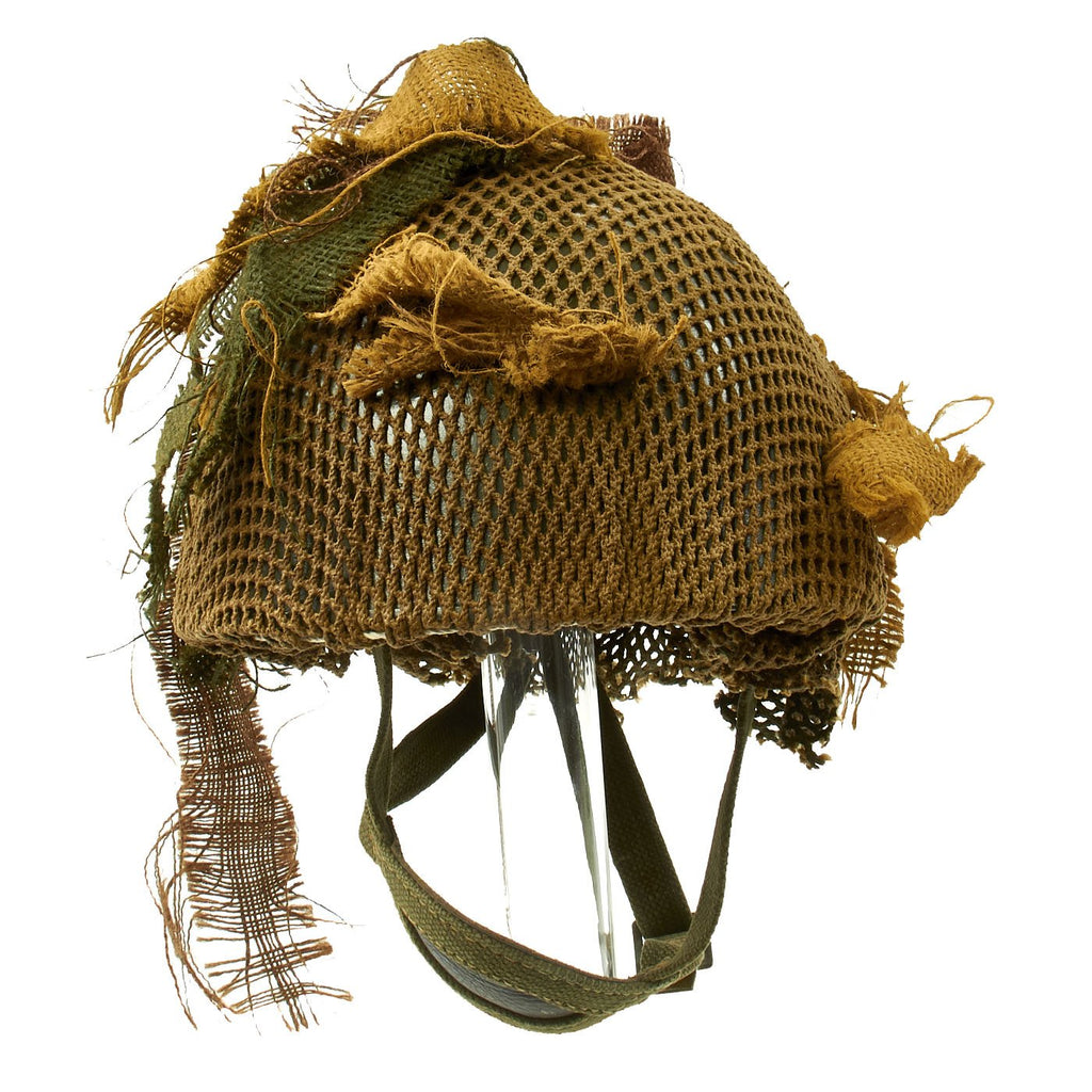 Original Belgian Post WWII British Style Paratrooper Helmet with Net and Burlap Camo Original Items
