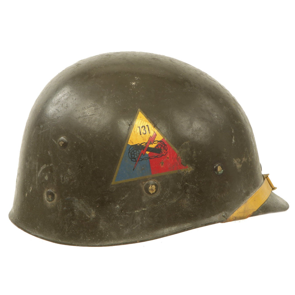 Original U.S. WWII M1 Helmet Liner by MSA with 131st Armored Tank Battalion Insignia Original Items