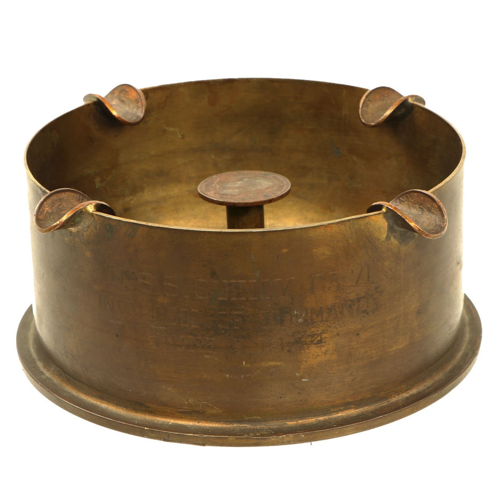Original WWII U.S. Navy D-Day Named U.S.S. Quincy Trench Art Ashtray made from 5in. Shell Casing & British Coins Original Items