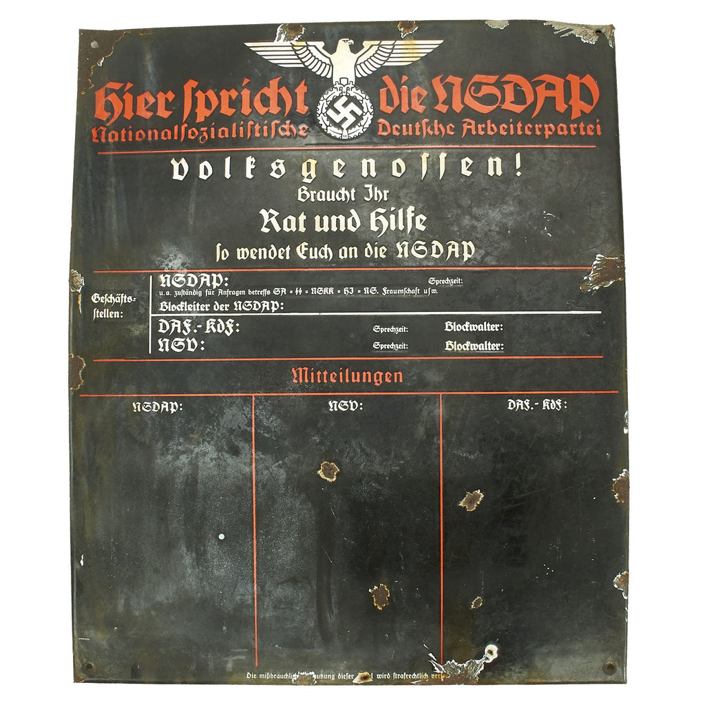 Original German WWII 1938 dated Enameled Sign der NSDAP Public Announcement Board - Emailleschild Original Items