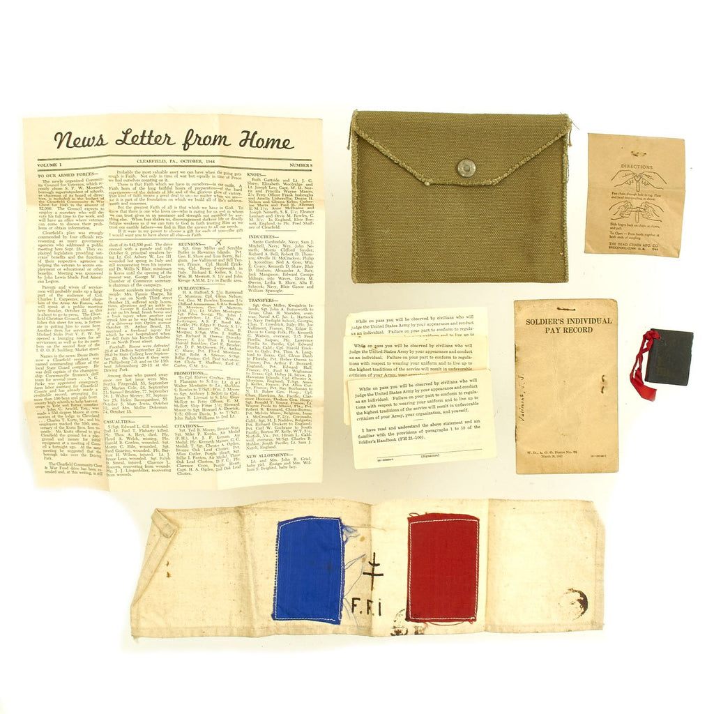 Original U.S. WWII Free French Resistance FFI Armband Bring Back Grouping of Pfc. J. J. Valimont Original Items