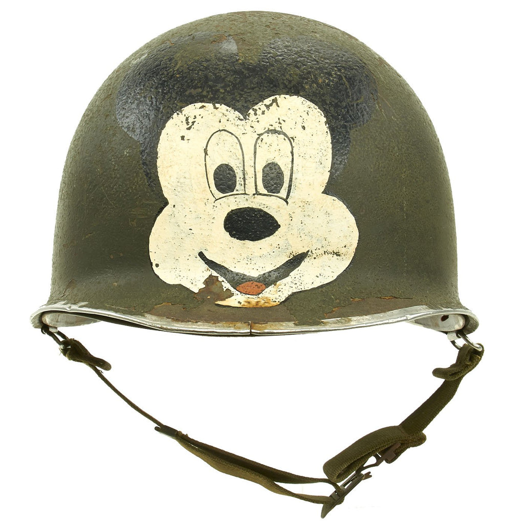 Original U.S. WWII 1943 M1 McCord Swivel Bale Front Seam Helmet with Period Mickey Mouse Paint Job Original Items