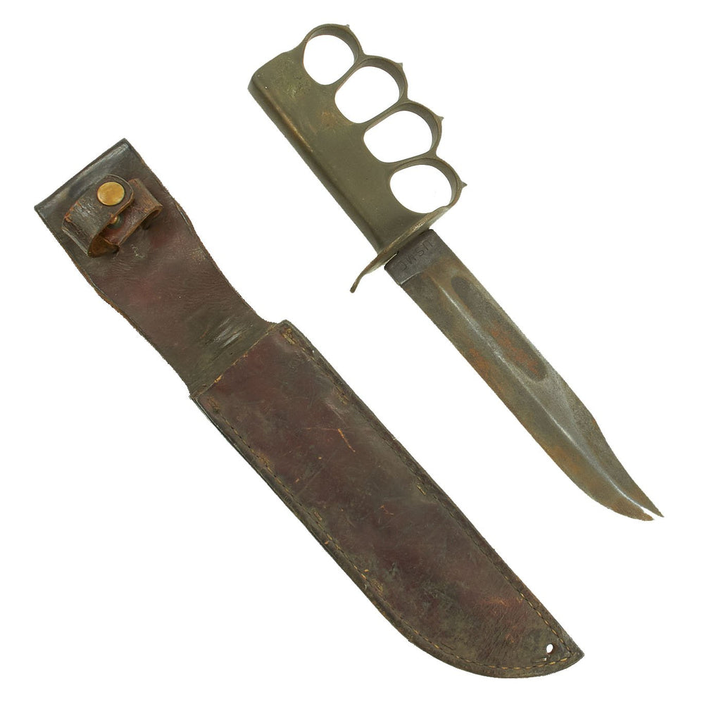 Original U.S. WWII USMC Customized Blade Marked KA-BAR Knife with WWI Mark 1 Trench Knife Brass Grip Original Items