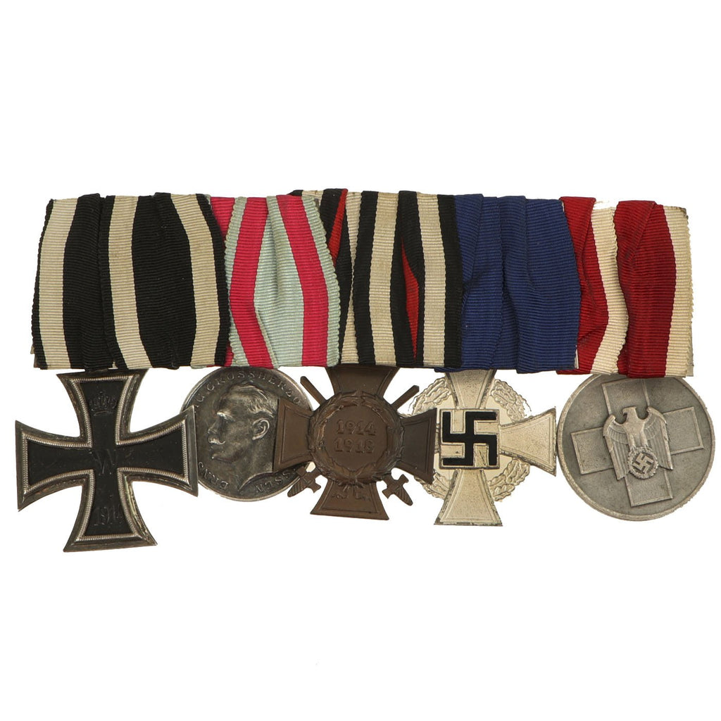 Original German WWI & WWII Era Medal Bar with EKII, Hessian Honor Decoration & DRK Medal - 5 Awards Original Items