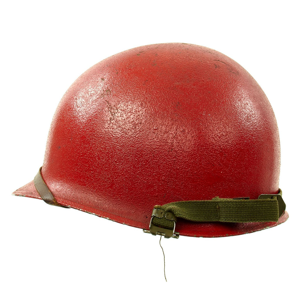 Original U.S. WWII - Korean War Named M1 McCord Front Seam Helmet painted Red with Firestone Liner Original Items