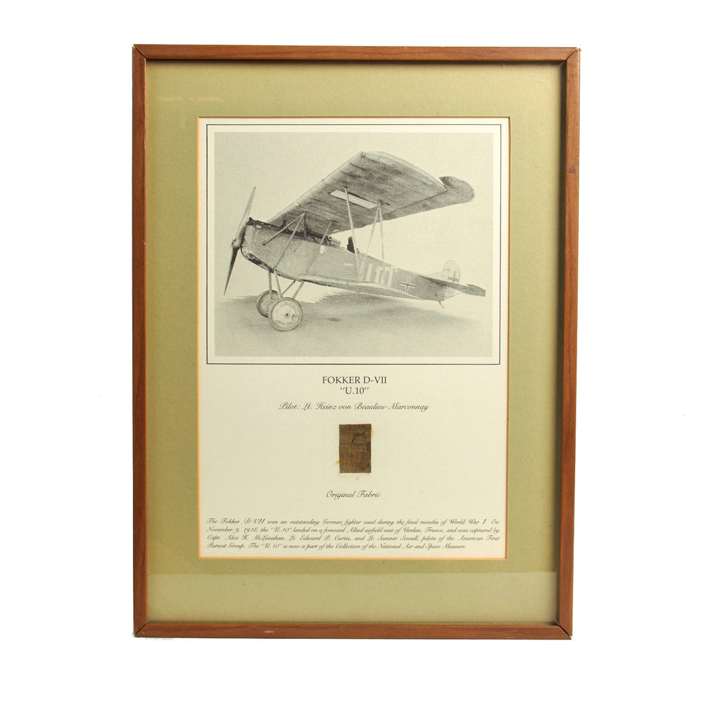 Original Imperial German WWI Luftstreitkräfte Framed Fokker D-VII “U.10” Fighter Aircraft Cut Fabric Piece - 21” x 15 ¾” Original Items
