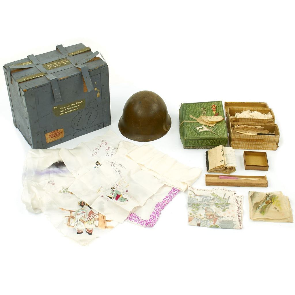 Original Japanese WWII U.S. Navy Send Home Box with Type 90 Helmet and Mementos Original Items
