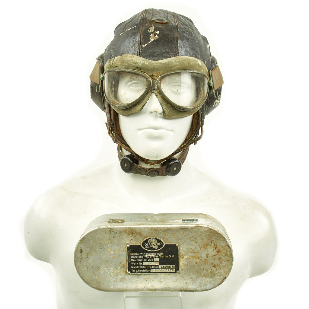 Original German WWII Luftwaffe LKpW101 Winter Flying Helmet with Type 295 Flight Goggles by Auer Original Items