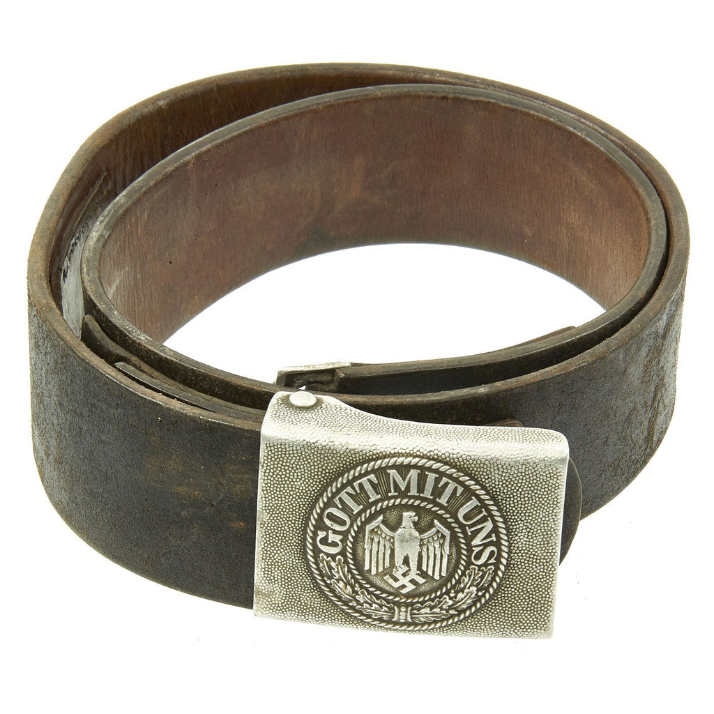 Original German WWII Wehrmacht Army Heer EM/NCO Belt with Pebbled Aluminum Buckle - dated 1936 & 1938 Original Items