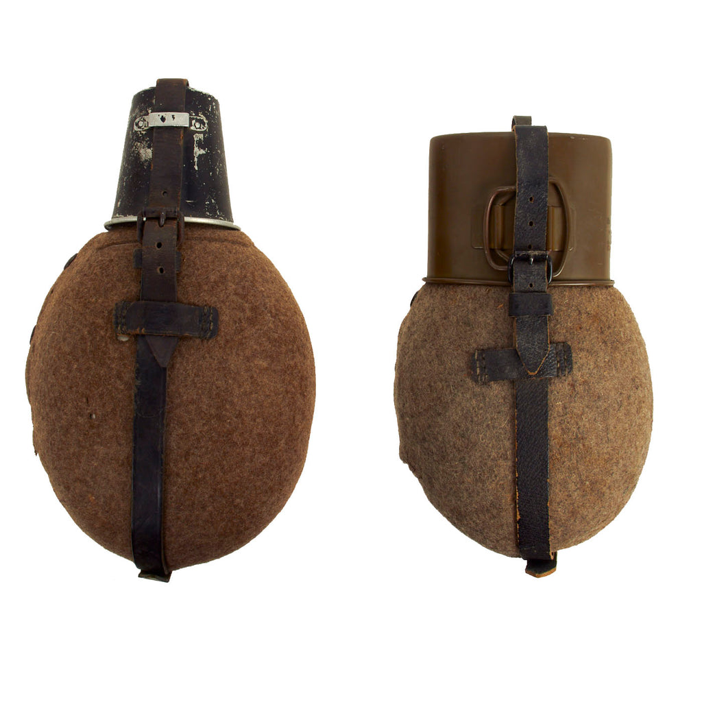 Original German WWII Lot of 2 M31 Canteen Rigs - Aluminum with Aluminum Cup and Steel with Large Steel Cup Original Items