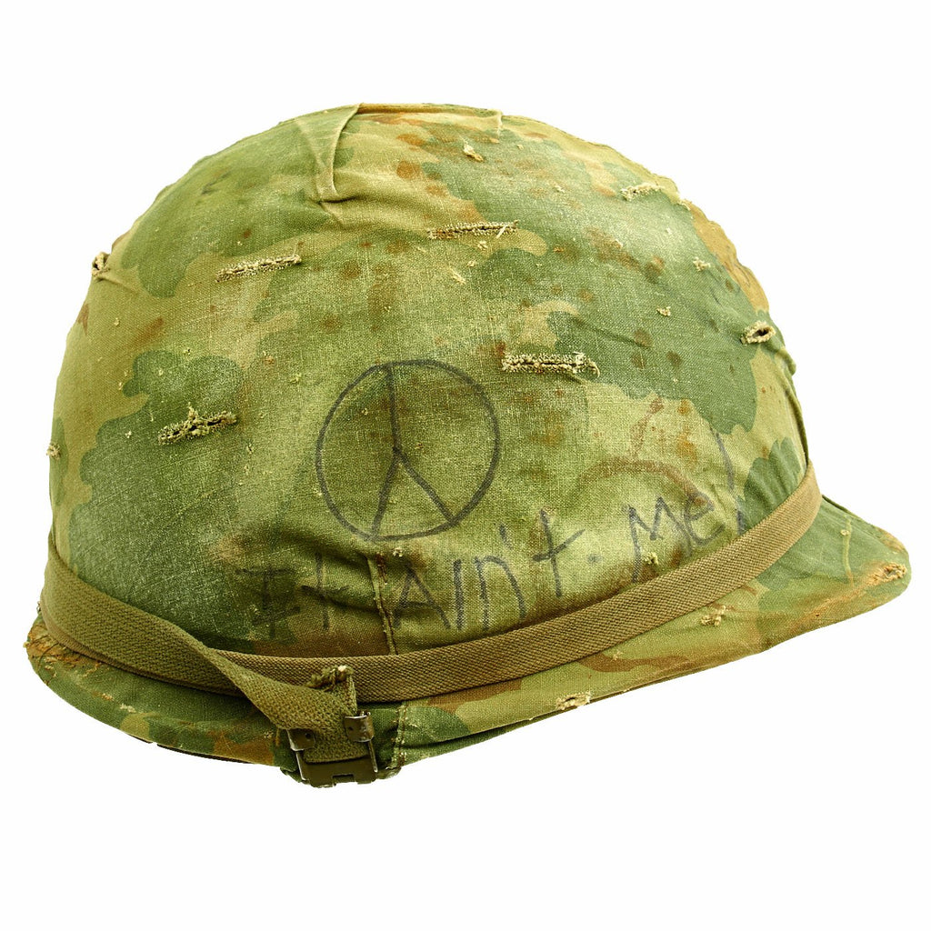 Original U.S. Vietnam War USMC M1 Helmet with Personalized Reversible Camouflage Cover Original Items