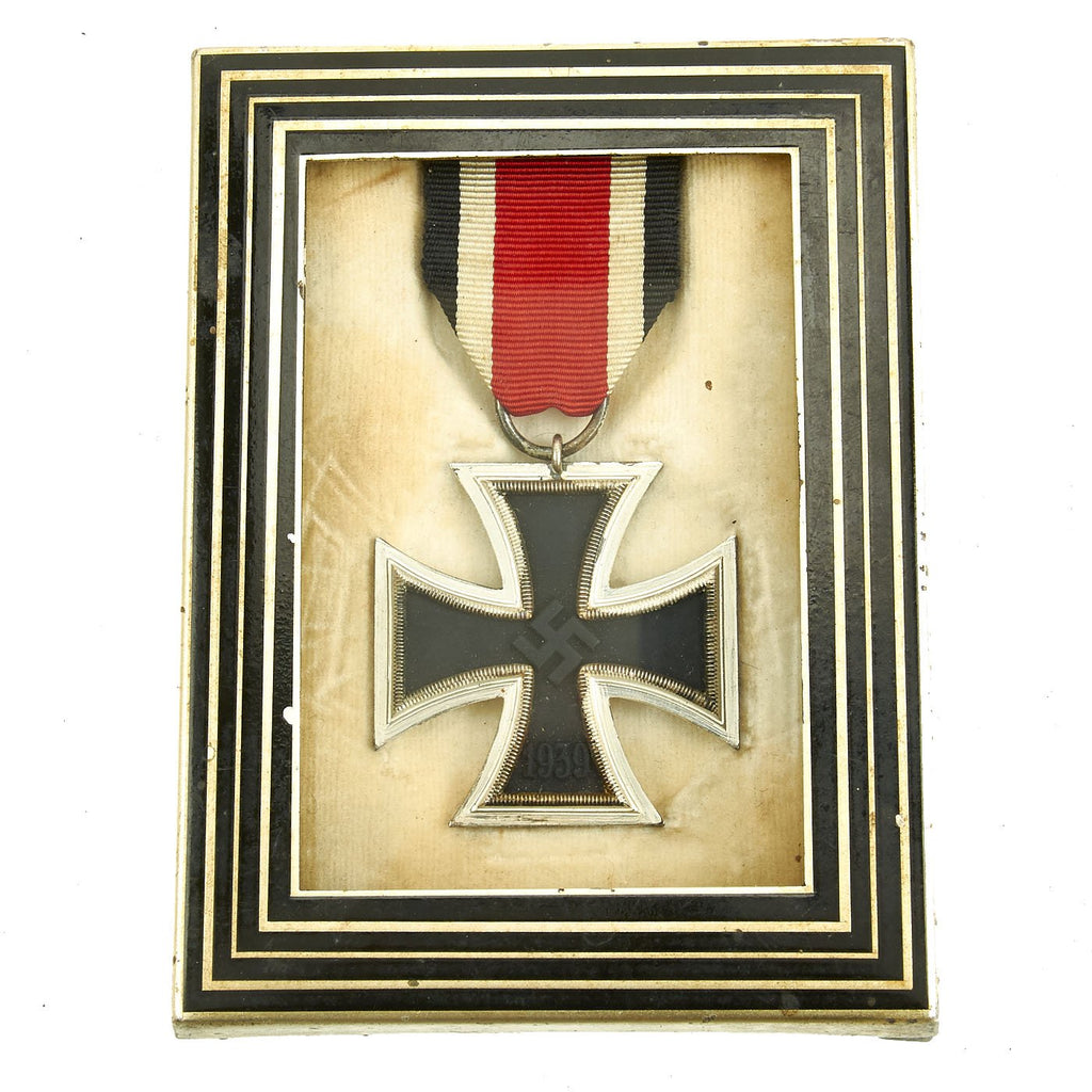 Original German WWII Iron Cross 2nd Class 1939 with Ribbon in Glazed Metal Display Frame - EKII Original Items