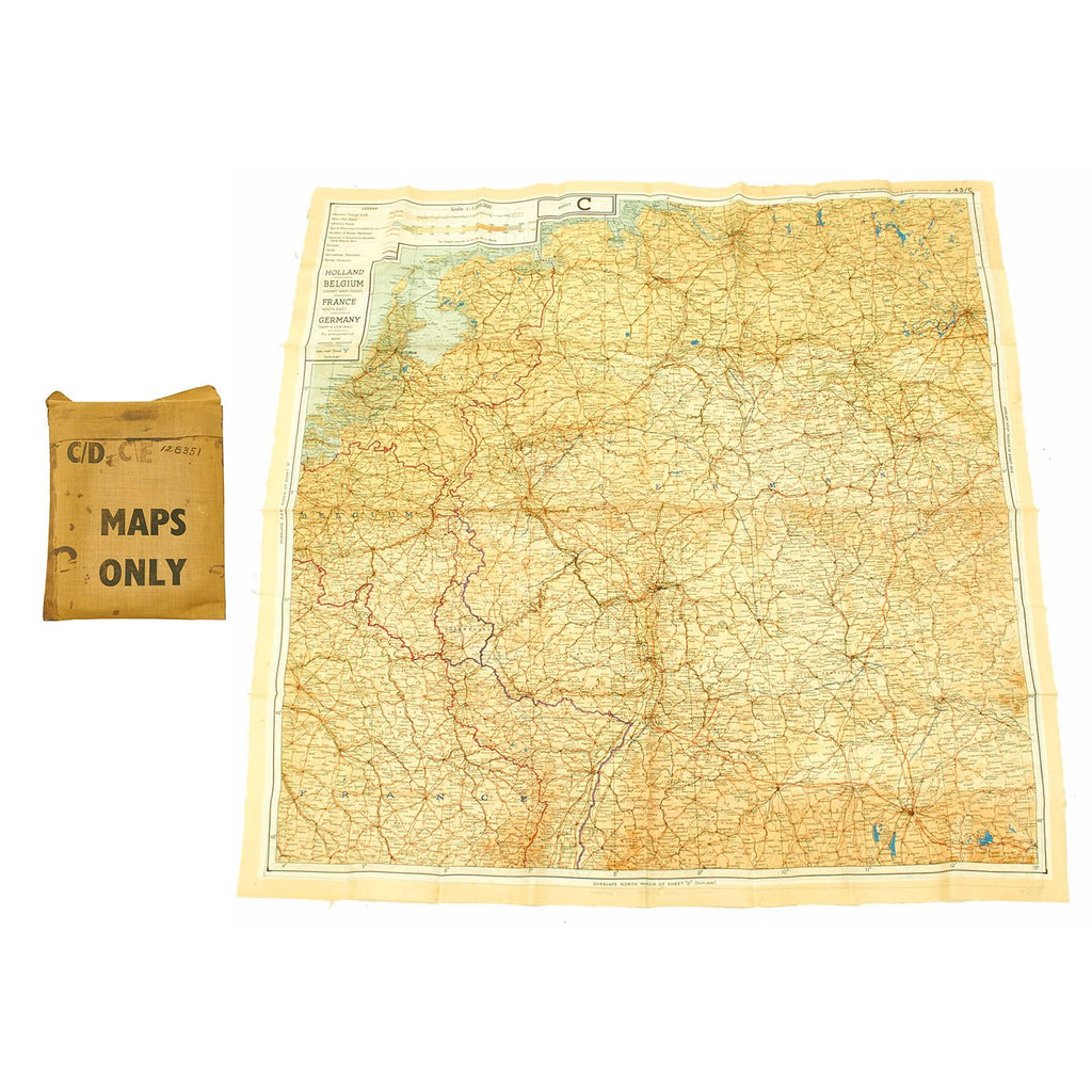 Original U.S. WWII Silk Escape Map of Western Europe 43/C 43/D with Waterproof Pouch Original Items
