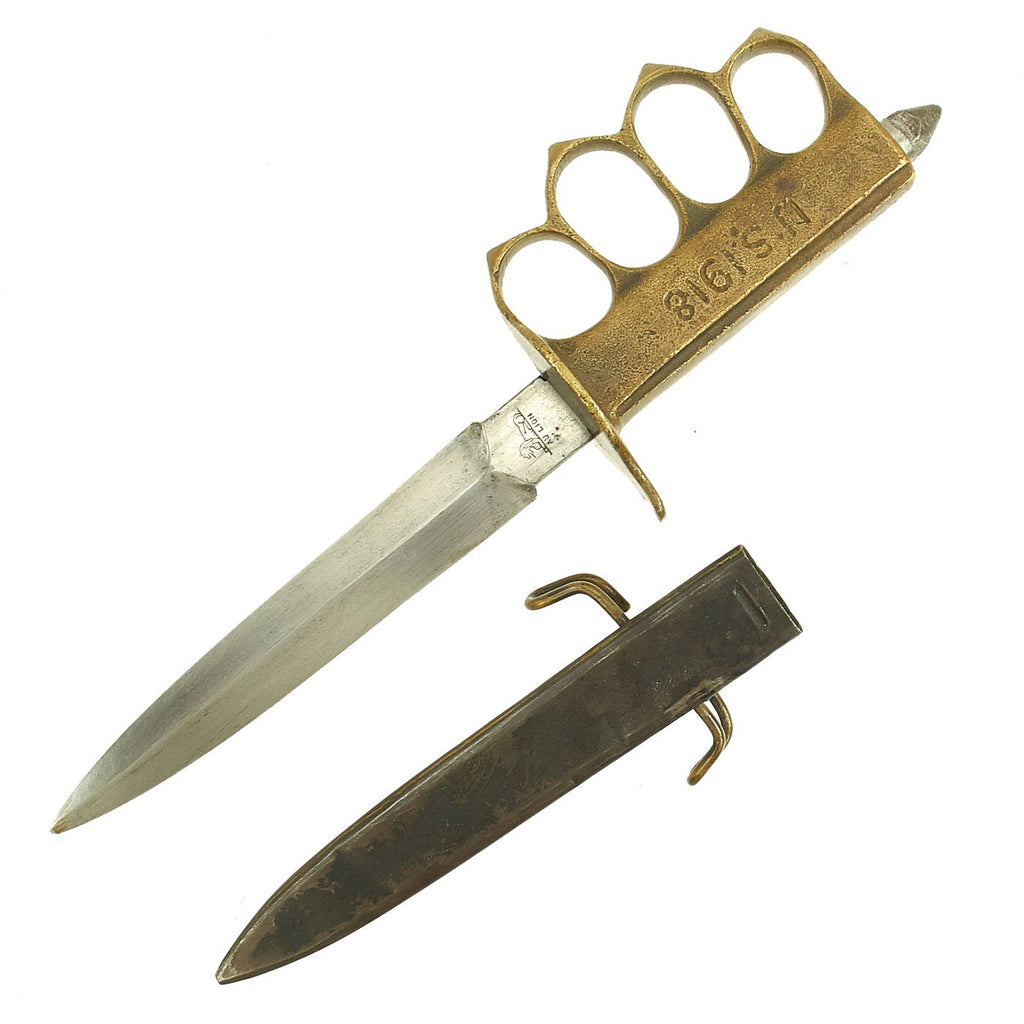 Original U.S. WWI Model 1918 Mark I Trench Knife by AU LION & Steel Scabbard with Added Belt Clip Original Items