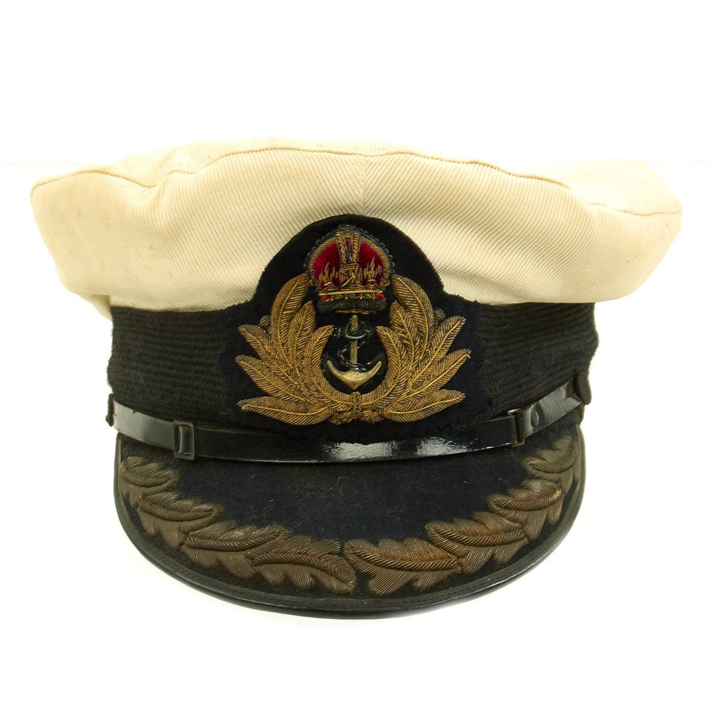 Original British WWII Royal Navy Officers Visor Cap by William Forsythe with Oak Leaves & White Cover Original Items