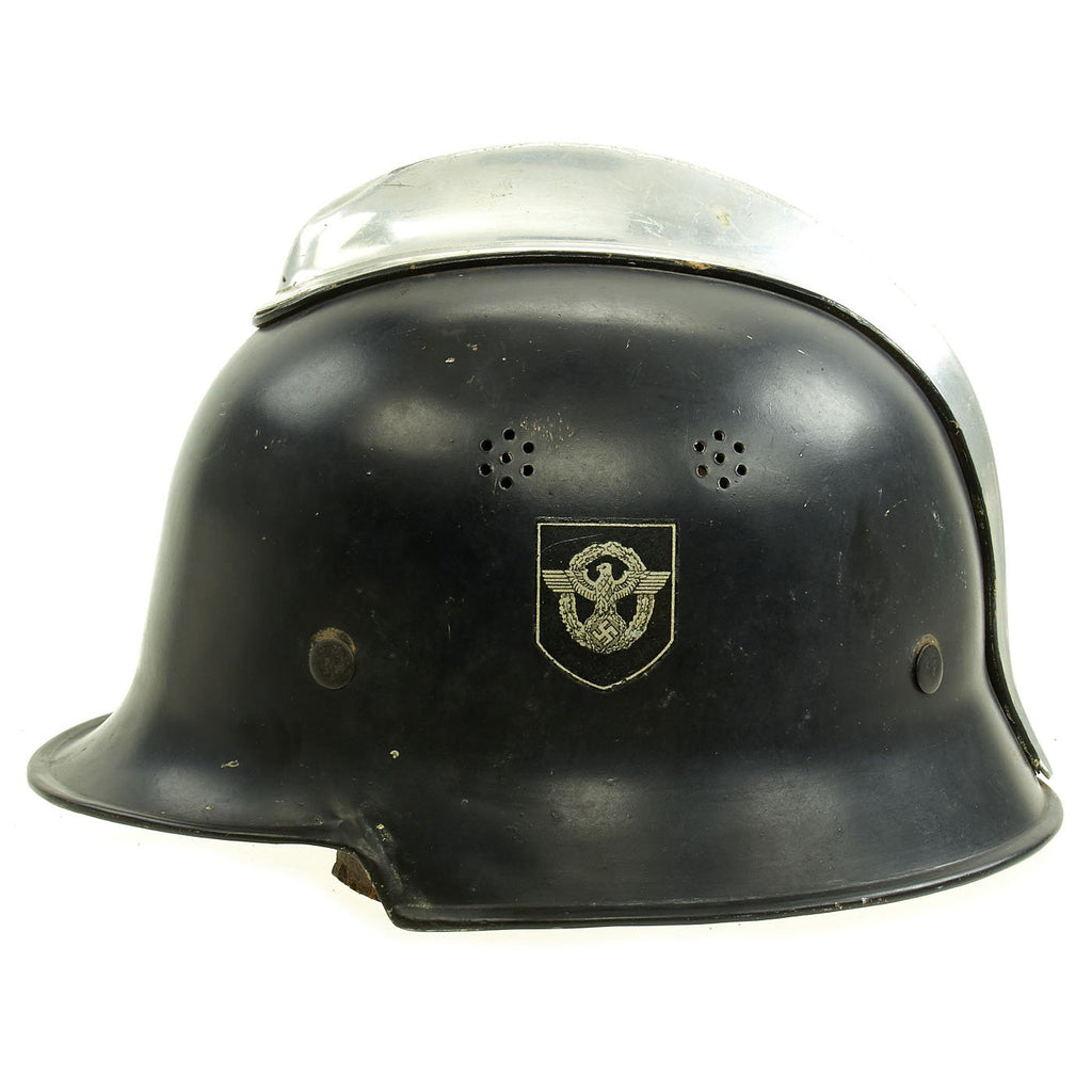 Original German WWII M34 Square Dip All Aluminum Fire Police Helmet with Double Decals - Feuerwehr Original Items