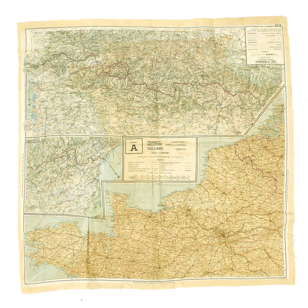 Original U.S. WWII Silk Escape Map of Western Europe 43/A and 43/B Original Items