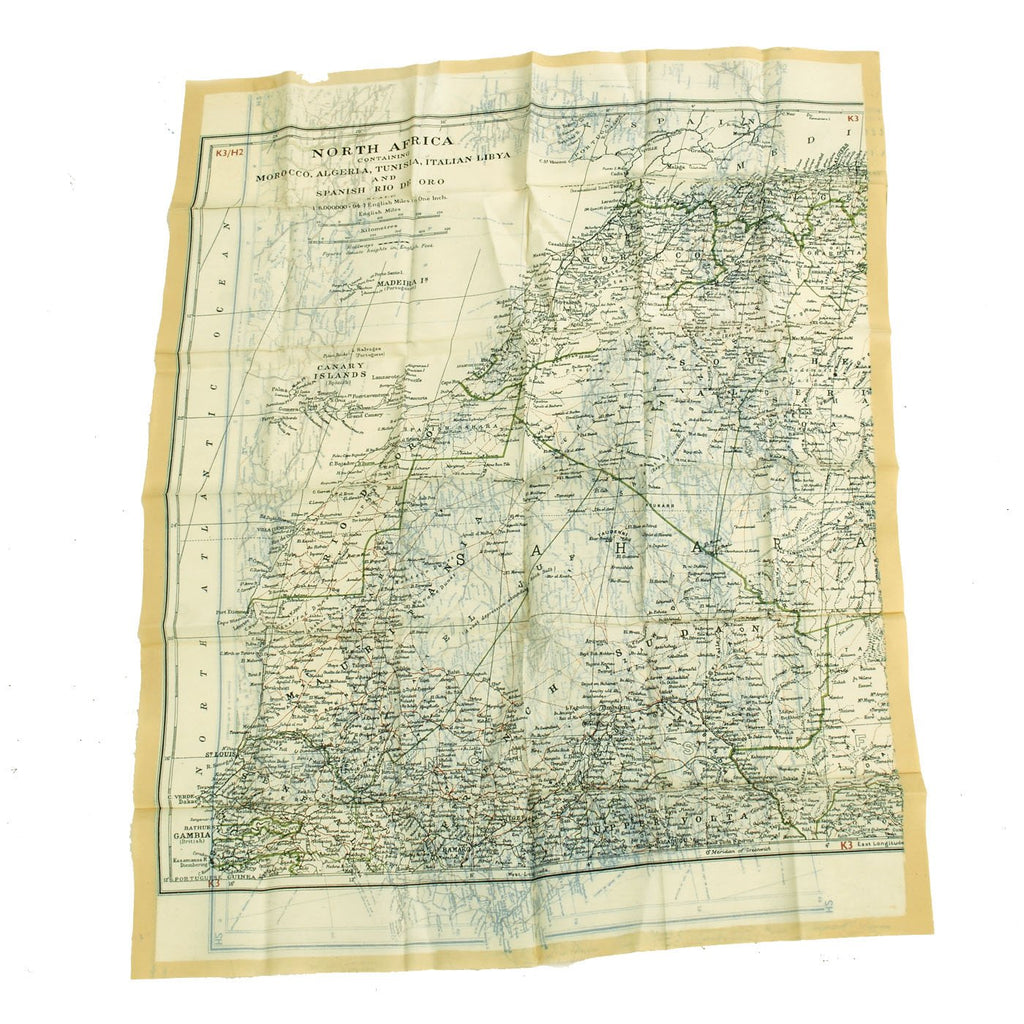 Original British WWII Royal Air Force Air Ministry K3/H2 Silk Escape Map of Spain and North Africa Original Items