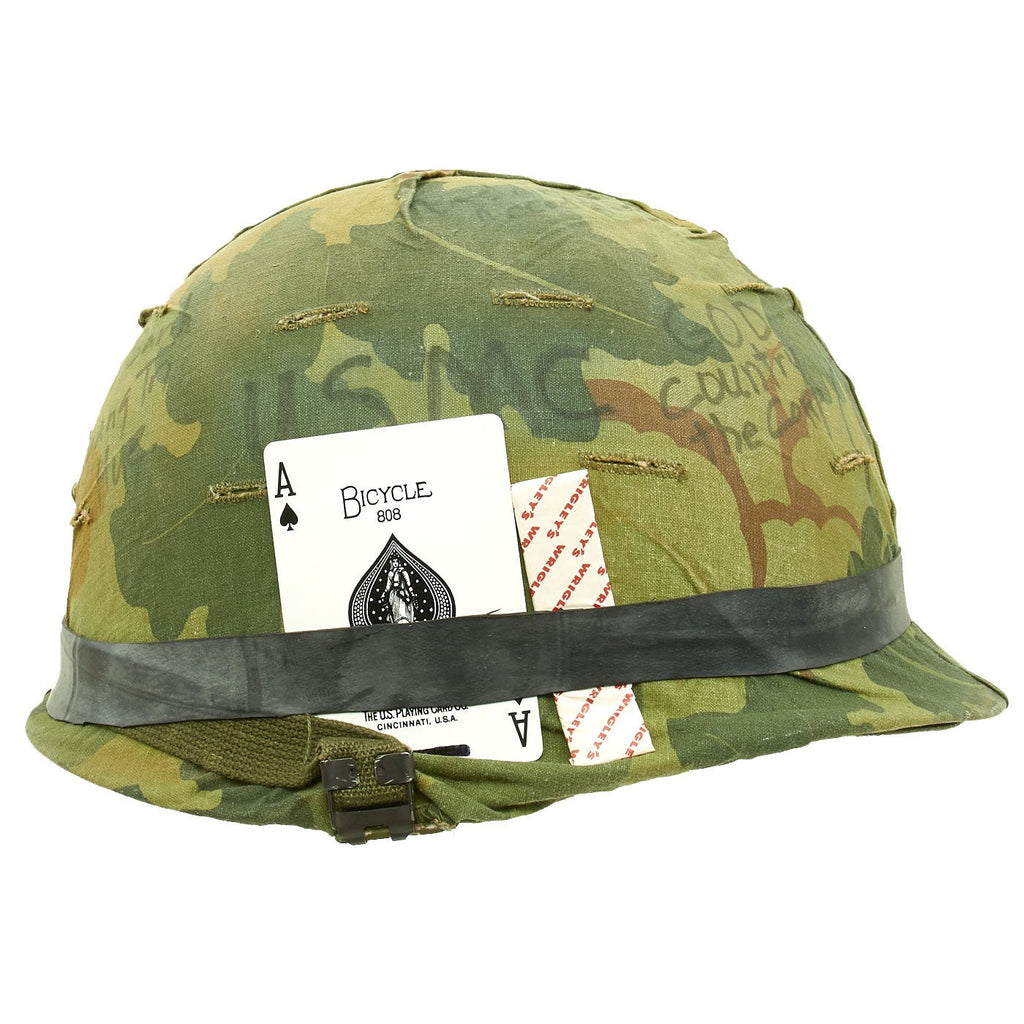 Original U.S. Vietnam War USMC M1 Helmet with Decorated Reversible Camouflage Cover Original Items