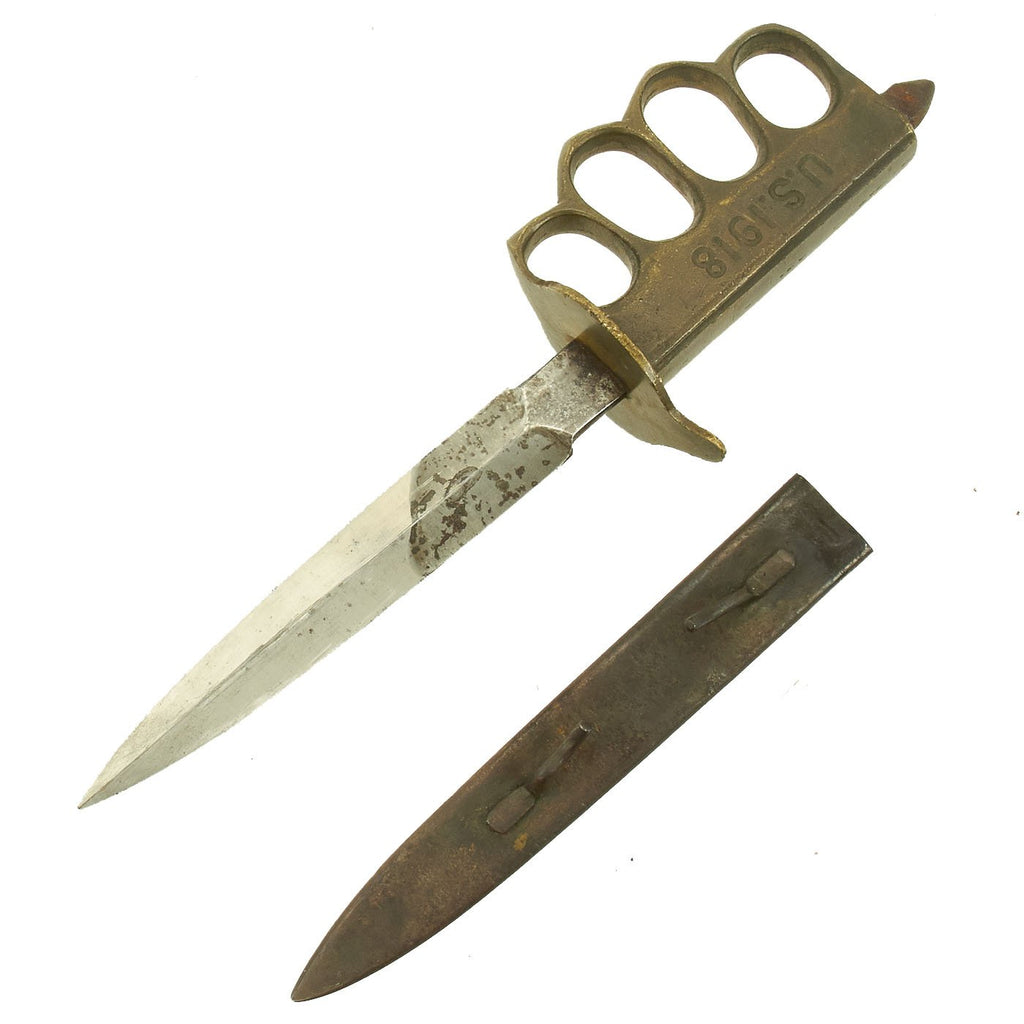Original U.S. WWI Model 1918 Mark I Trench Knife with Unmarked Blade by AU LION with Steel Scabbard Original Items