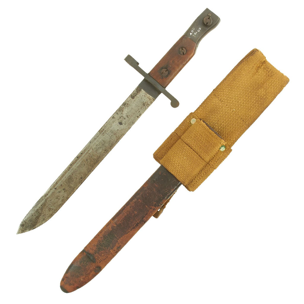 Original Canadian WWI Mk.I U.S. Marked Ross Rifle Bayonet with Scabbard in Canvas Frog - dated 1909 Original Items