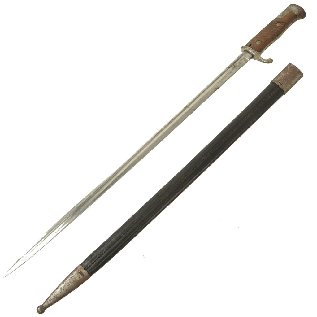 Original German WWI M1898 n/A Long GEW 98 Peruvian Contract Bayonet with Leather Scabbard - c.1909 Original Items