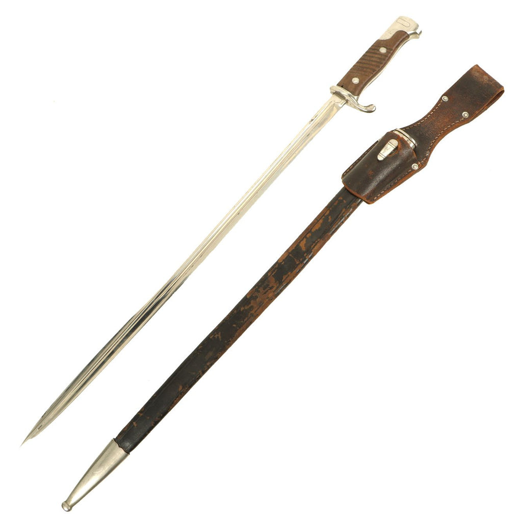 Original German WWI M1898 GEW 98 Nickel Plated Parade Bayonet with Scabbard and WWII Frog Original Items