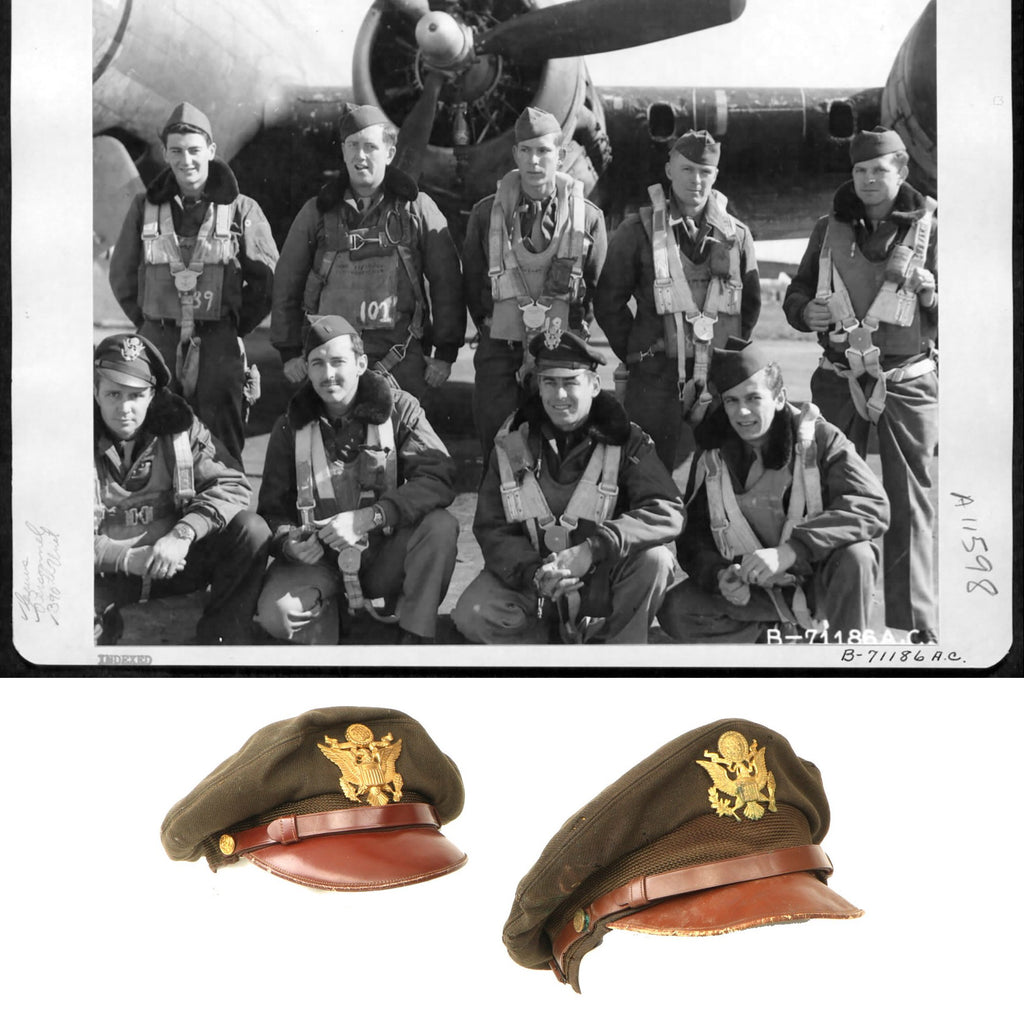 Original U.S. WWII 568th Bomb Squadron Named Pilot Visor Crush Cap Set Original Items