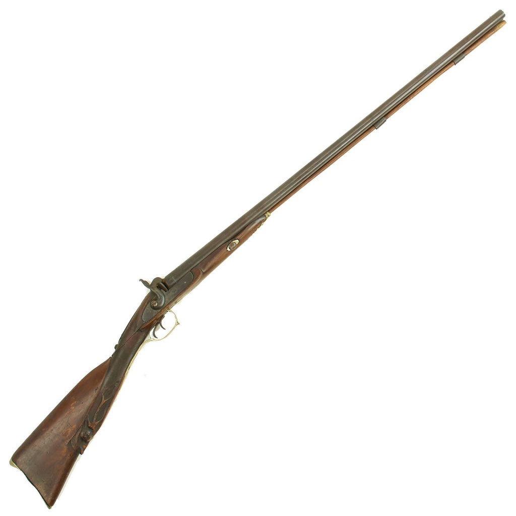Original Belgian 13 bore Double Barrel Percussion Shotgun with Carved Buttstock for British Market c.1840 Original Items