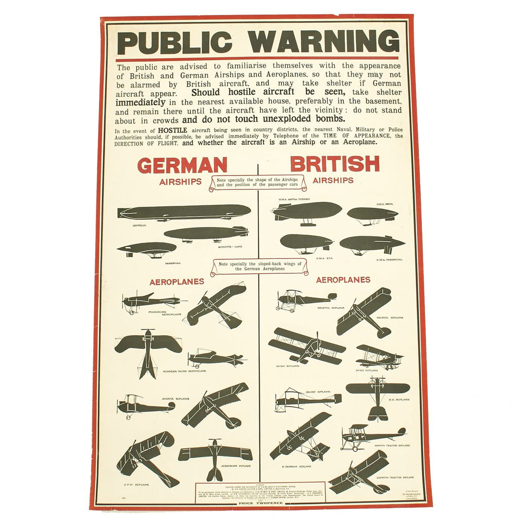 Original British WWI Public Warning Airships Identification Poster Original Items