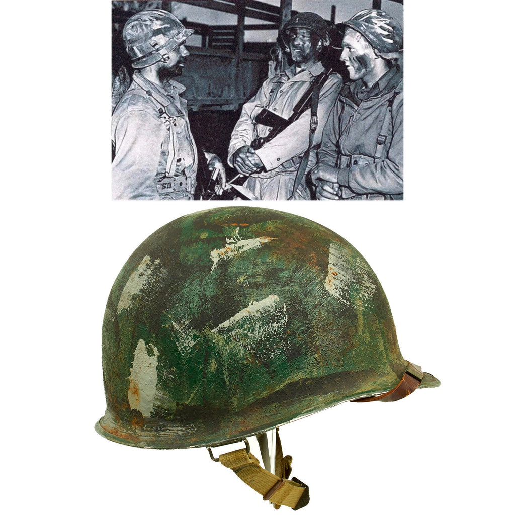 Original U.S. WWII OSS Camouflage 1944 M1 McCord Swivel Bale Front Seam Helmet with Firestone Liner Original Items