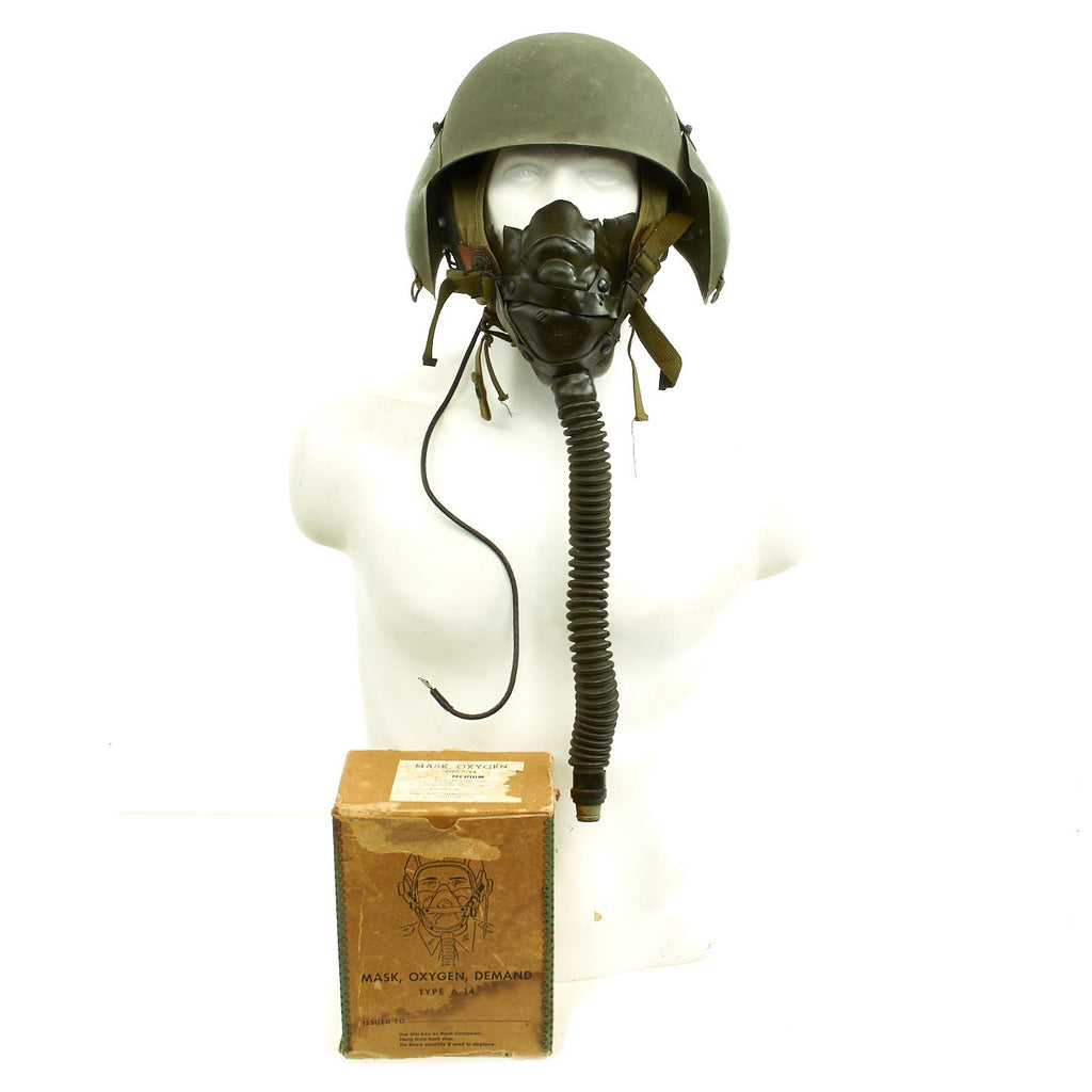 Original U.S. WWII USAAF Bomber Crew M3 Steel FLAK Helmet with A-14 Oxygen Mask and Inner Flight Helmet Original Items