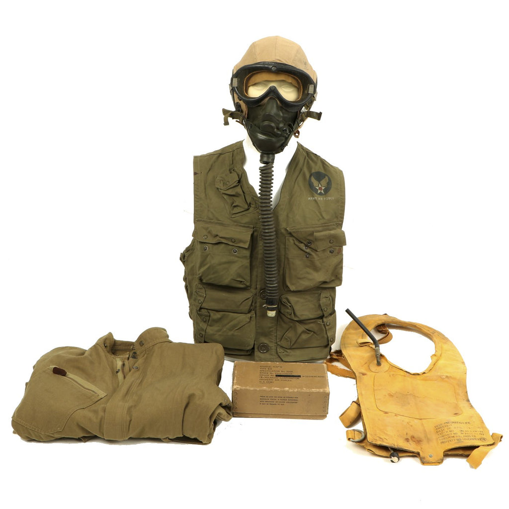 Original U.S. WWII Army Air Force Pilot Uniform Set - Type A-4 Suit, C-1 Vest, Flying Helmet, Goggles, Oxygen Mask Original Items