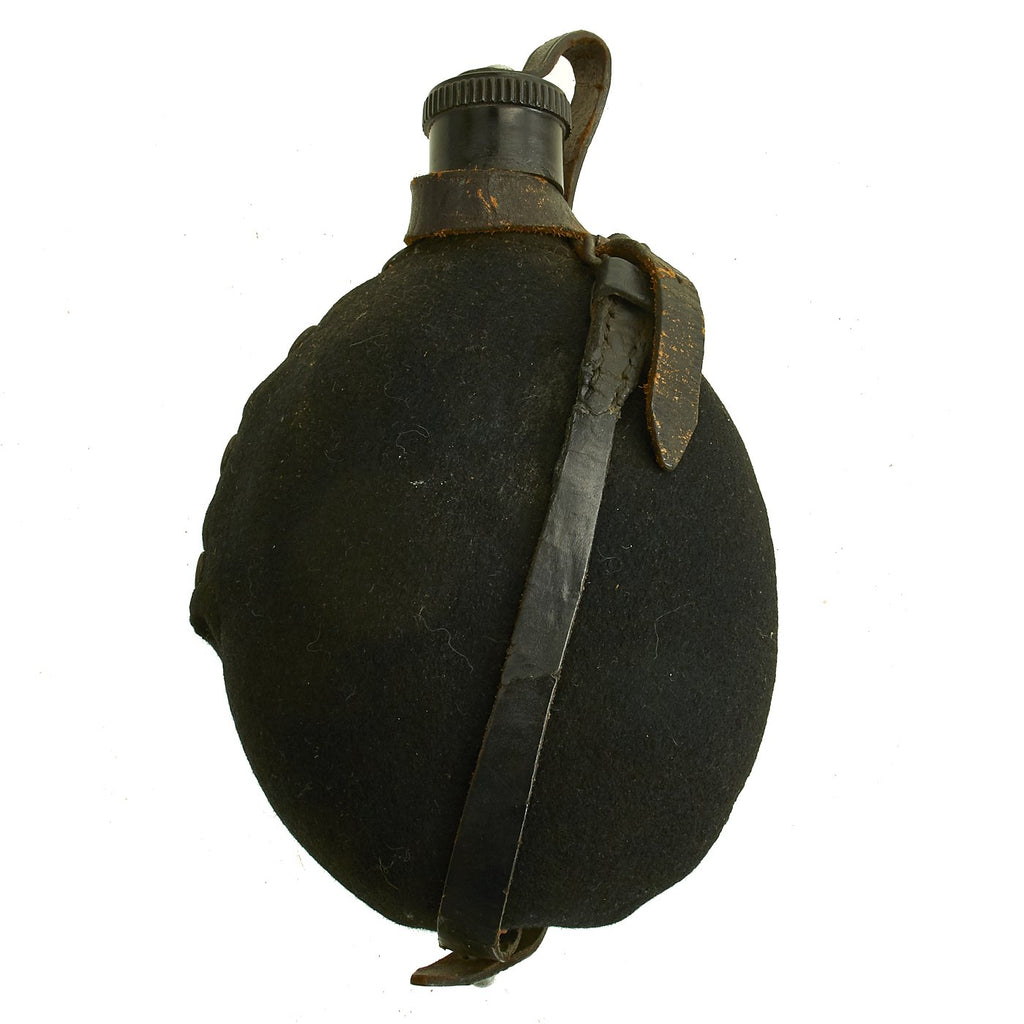 Original German WWII SS Marked Aluminum M31 Canteen Rig with Black Felt Cover & Strap Original Items