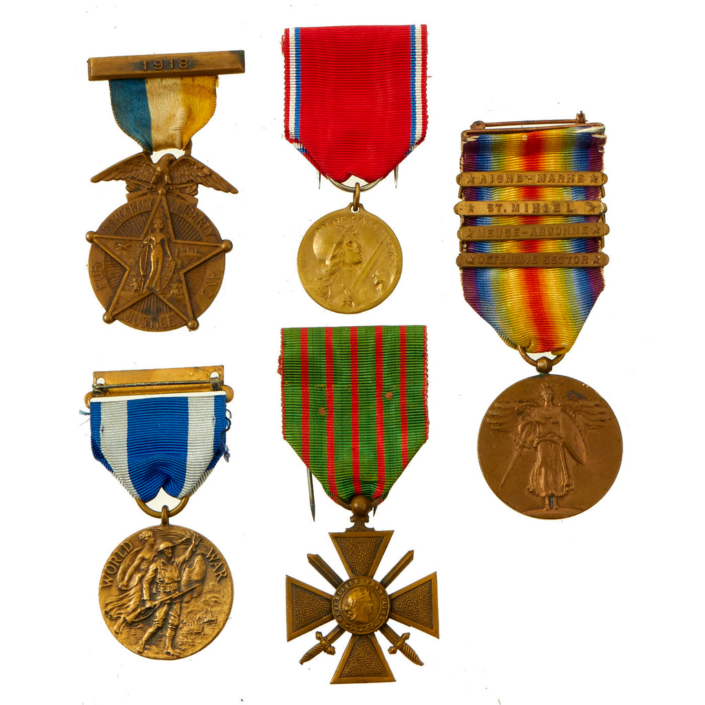 Original U.S. WWI State and Government Issued Medal Lot Featuring Victory Medal With 4 Campaign Bars - 5 Medals Original Items