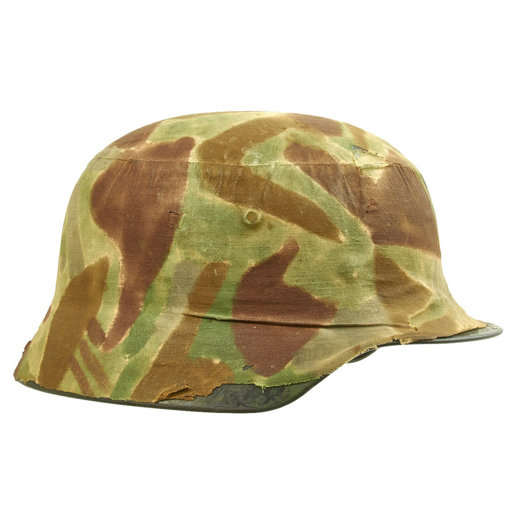 Original German WWII Named Custom Fabric Camouflage M35 Helmet with Liner and Chinstrap - Q64 Original Items