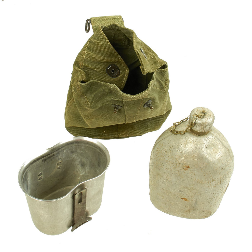 Original U.S. WWI M1910 Canteen Marked with Many Locations with WWII Cup in British Carrier Original Items