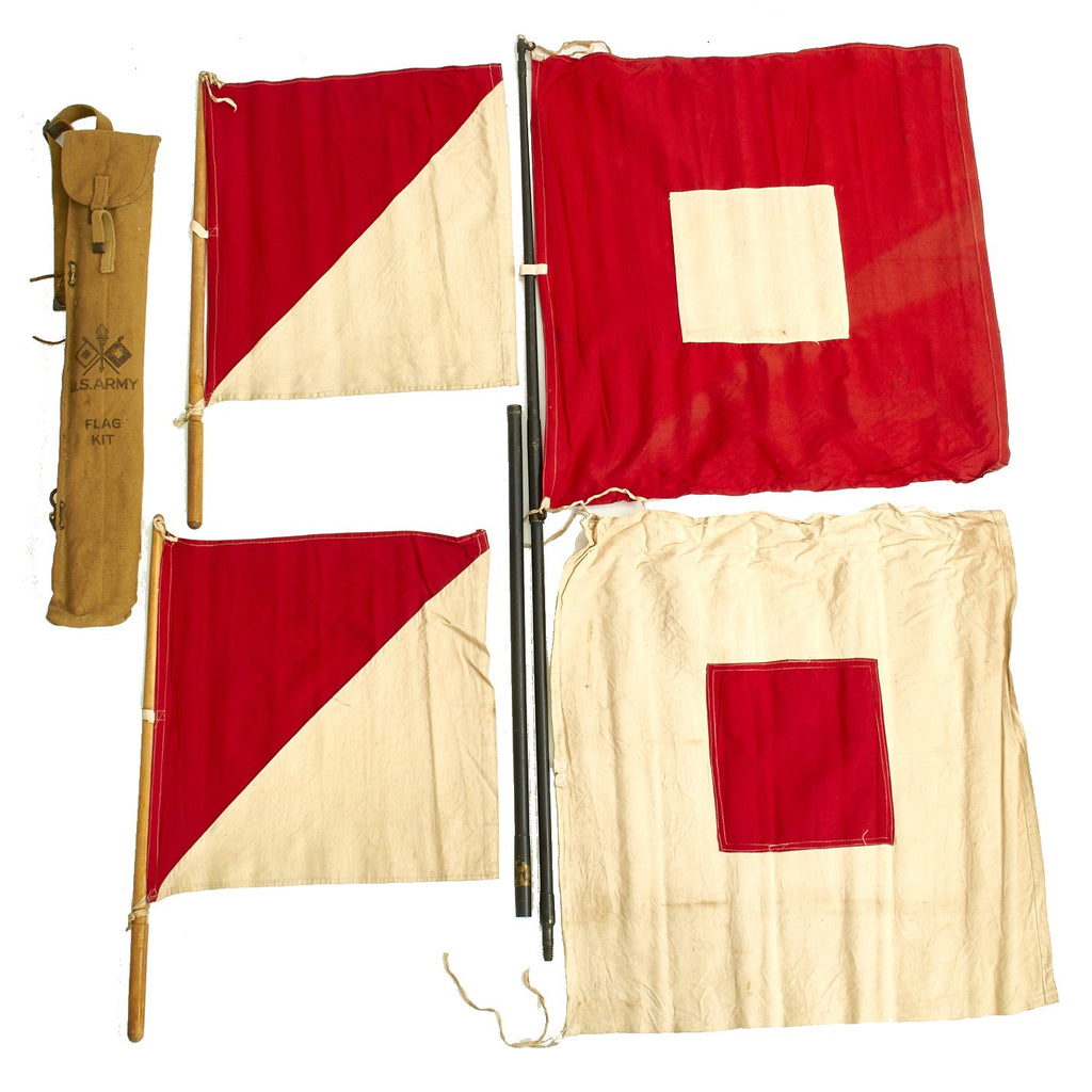 Original U.S. WWII Army Signal Flag Kit in Canvas Case - 2 Semaphore Flags & 2 "Wigwag" Flags with Pole Original Items
