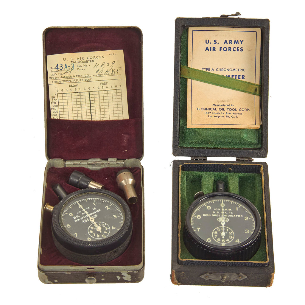 Original U.S. WWII USAAF Bombardier's Type-A Model 943 Chronometric Tachometer in Case Grouping - 2 Items Original Items